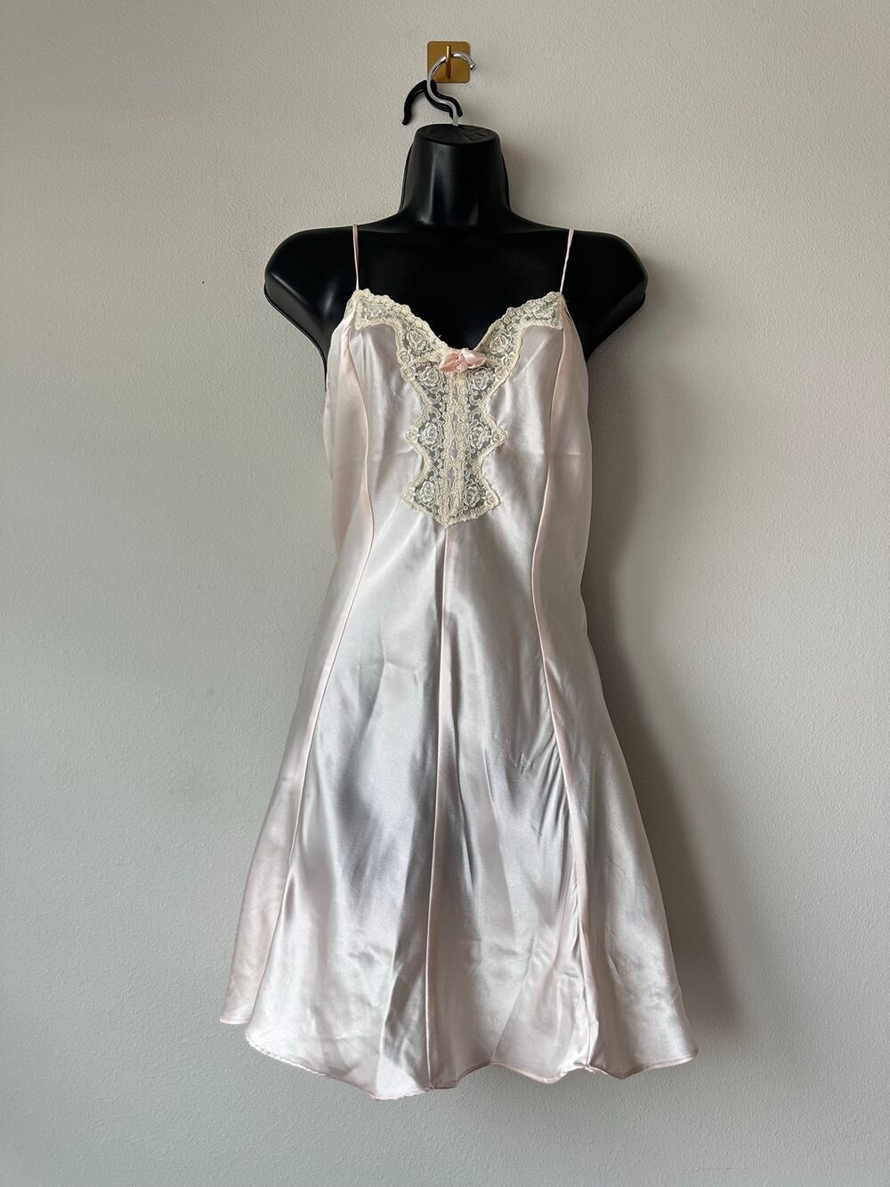 Vintage 80s Intimo Amore Pink Satin Lace Slip Dress Bridal Cottagecore XS